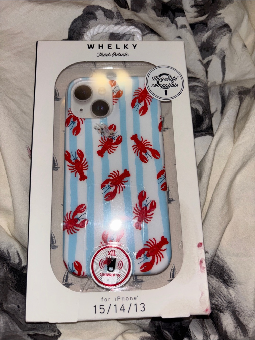 Lobster Stripe iPhone Case for iPhone 15/14/13 - White & Blue with Red Lobsters
